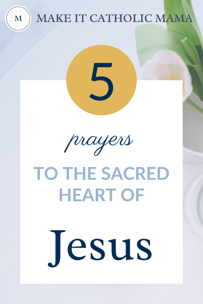 Text reads, "5 Prayers to the Sacred Heart of Jesus" overlaying a blue-white photo of a white table with a pink tulip in a vase.