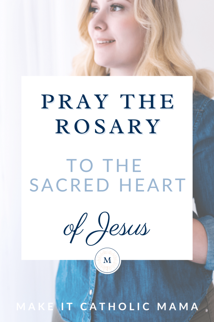 Text reads, "Pray the Rosary to the Sacred Heart," overlaying a blue-white photo of a white woman with blonde hair wearing a denim shirt.